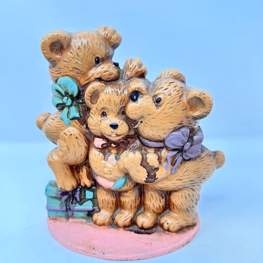 Vintage Cast Iron 3 Teddy Bears Doorstop Figurine Family Bookend Nursery Decor